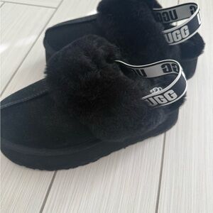 UGG Black Fluffy Platform Slippers